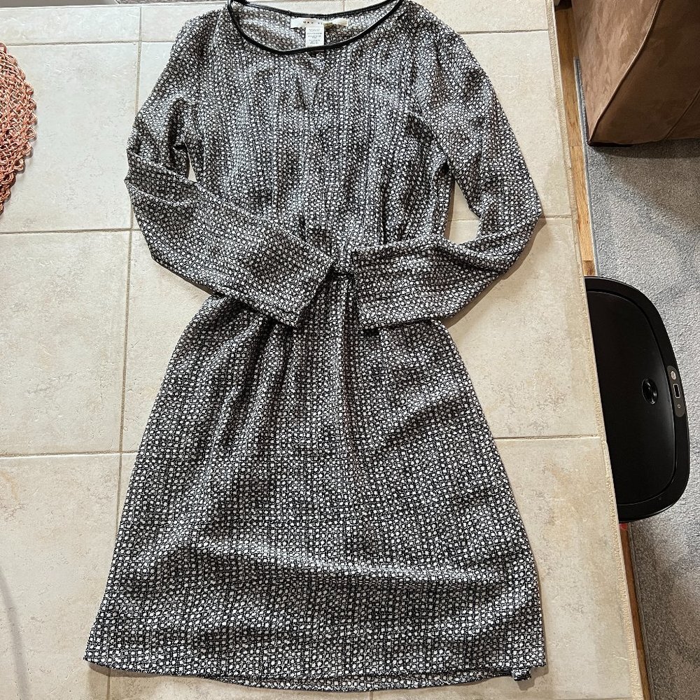 Long Sleeve Black-and-White Lined Dress with Leather Accents Womens Size S